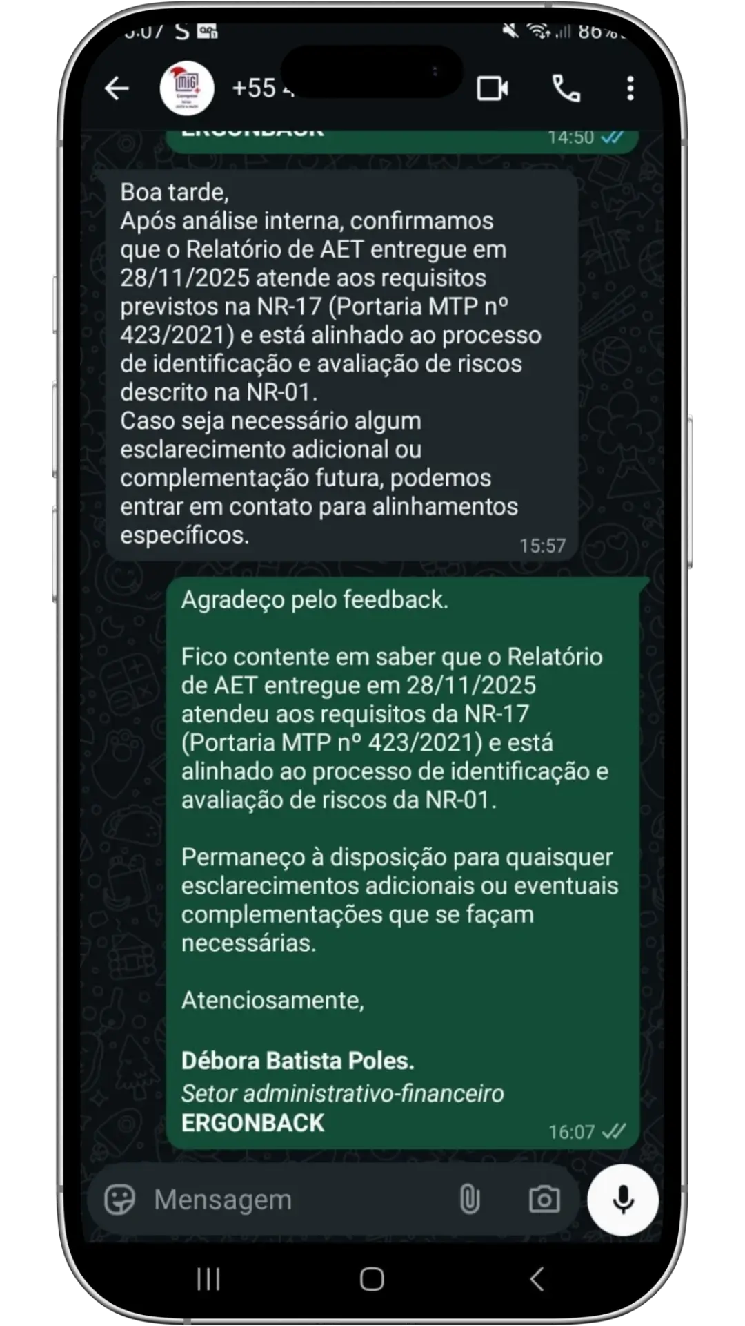 Depoimento de cliente confirmando que o Relatório de AET atende aos requisitos da NR-17