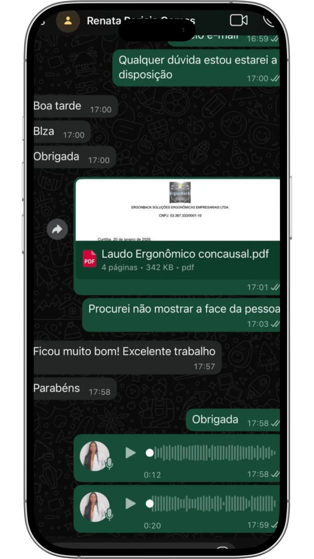 Depoimento de cliente elogiando o Laudo Ergonômico - Ficou muito bom! Excelente trabalho